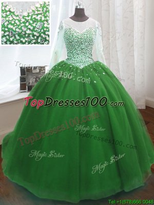 Most Popular Scoop Sequins Ball Gowns Long Sleeves Green Quinceanera Gowns Sweep Train Lace Up