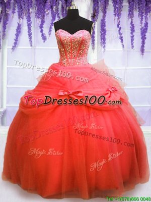 Stunning Sweetheart Sleeveless Vestidos de Quinceanera Floor Length Beading and Bowknot Coral Red Tulle