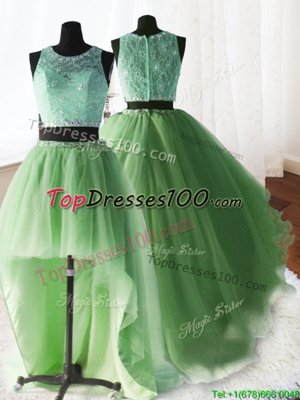 Delicate Three Piece Scoop Sleeveless Brush Train Zipper Quince Ball Gowns Yellow Green Organza and Tulle and Lace
