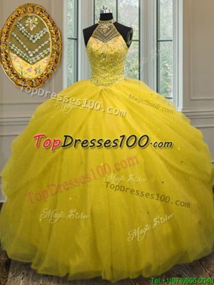 Dramatic Halter Top Tulle Sleeveless Floor Length Quince Ball Gowns and Beading and Sequins