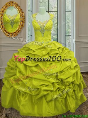 Cheap Straps Straps Floor Length Yellow Green 15 Quinceanera Dress Taffeta Sleeveless Beading and Pick Ups