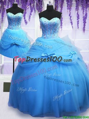 Customized Three Piece Baby Blue Sleeveless Tulle Lace Up Vestidos de Quinceanera for Military Ball and Sweet 16 and Quinceanera
