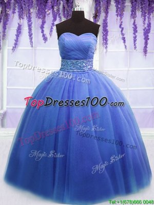 Blue Sleeveless Beading and Belt Floor Length Sweet 16 Dresses