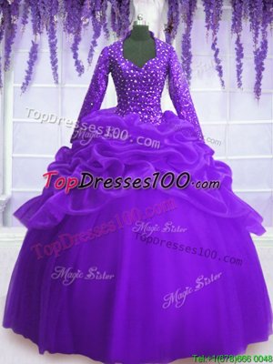 Dynamic Long Sleeves Organza Floor Length Zipper Vestidos de Quinceanera in Purple for with Sequins and Pick Ups