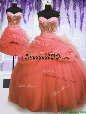Traditional Three Piece Tulle Sweetheart Sleeveless Lace Up Beading and Bowknot Sweet 16 Dress in Watermelon Red