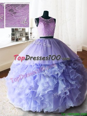 Unique Scoop With Train Lavender Quinceanera Gowns Organza and Tulle and Lace Brush Train Sleeveless Beading and Lace and Ruffles