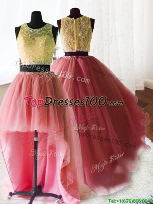 Three Piece Watermelon Red Ball Gowns Organza and Tulle and Lace Scoop Sleeveless Beading and Lace and Ruffles With Train Zipper Sweet 16 Quinceanera Dress Brush Train