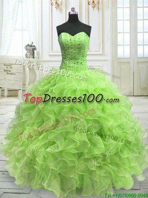 Deluxe Yellow Green Ball Gowns Organza Sweetheart Sleeveless Beading and Ruffles Floor Length Lace Up Vestidos de Quinceanera