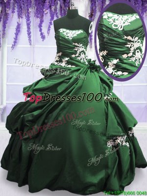 Dark Green Ball Gowns Taffeta Strapless Sleeveless Appliques and Pick Ups Floor Length Lace Up Ball Gown Prom Dress