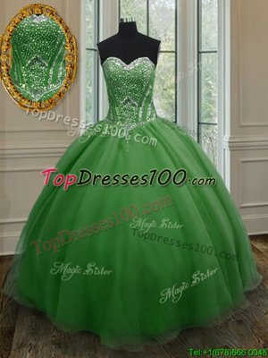Beauteous Sleeveless Organza Floor Length Lace Up 15th Birthday Dress in Dark Green for with Beading and Ruching
