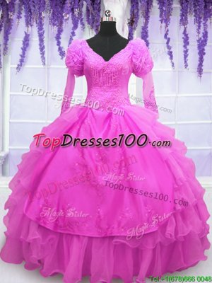 Hot Pink Long Sleeves Organza Lace Up Ball Gown Prom Dress for Military Ball and Sweet 16 and Quinceanera