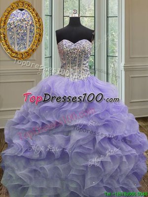 Customized Organza Sweetheart Sleeveless Lace Up Beading and Ruffles Ball Gown Prom Dress in Lavender
