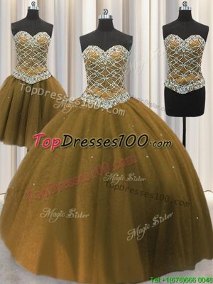 Enchanting Three Piece Sequins Floor Length Brown Vestidos de Quinceanera Sweetheart Sleeveless Lace Up