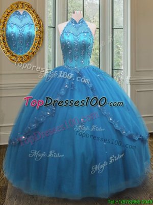 Discount Blue High-neck Neckline Beading and Appliques Sweet 16 Dress Sleeveless Lace Up
