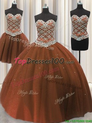 Three Piece Tulle Sweetheart Sleeveless Lace Up Beading and Sequins Vestidos de Quinceanera in Brown
