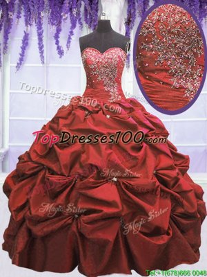 Fitting Coral Red Taffeta Lace Up Sweetheart Sleeveless Floor Length Quince Ball Gowns Beading and Pick Ups