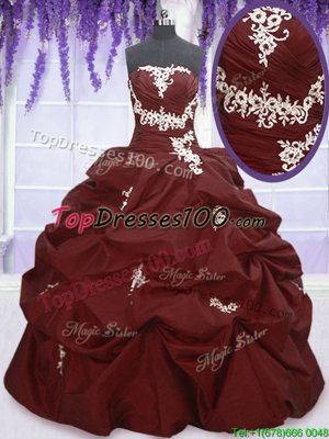 Burgundy Lace Up Strapless Appliques and Pick Ups Sweet 16 Quinceanera Dress Taffeta Sleeveless
