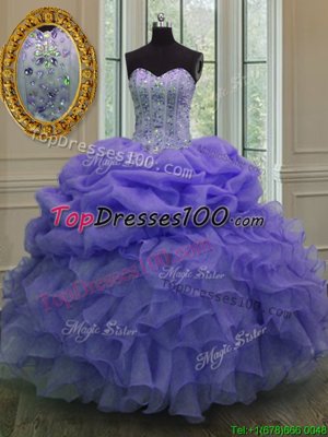 Sweetheart Sleeveless 15th Birthday Dress Floor Length Beading and Ruffles and Pick Ups Lavender Organza