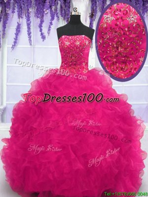 Pretty Fuchsia Ball Gowns Organza Strapless Sleeveless Beading and Ruffles With Train Lace Up Quince Ball Gowns Brush Train