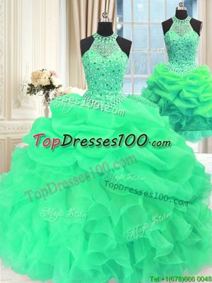Great Three Piece High-neck Sleeveless Quince Ball Gowns Floor Length Beading and Pick Ups Green Organza