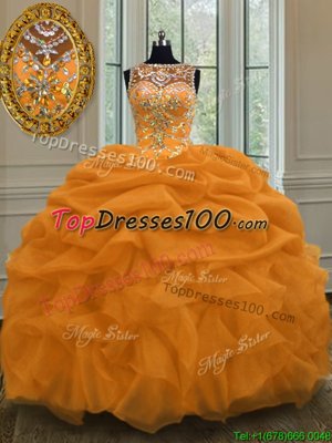 Customized Scoop Sleeveless Quinceanera Gown Floor Length Beading and Pick Ups Gold Organza
