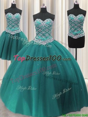 Three Piece Sequins Sweetheart Sleeveless Lace Up 15 Quinceanera Dress Teal Tulle