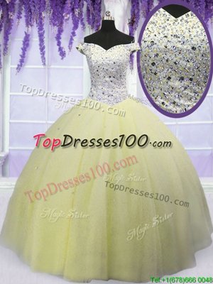 Light Yellow Off The Shoulder Neckline Beading 15th Birthday Dress Short Sleeves Lace Up