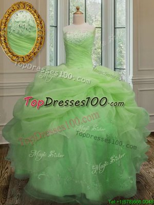 Three Piece Hot Pink Ball Gowns Organza High-neck Sleeveless Beading and Pick Ups Floor Length Lace Up Quinceanera Dresses