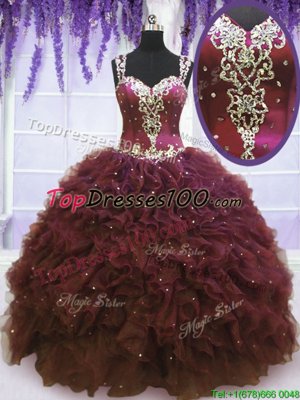 Affordable Straps Straps Burgundy Sleeveless Tulle Zipper Ball Gown Prom Dress for Military Ball and Sweet 16 and Quinceanera
