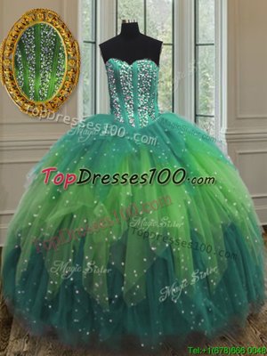 Luxurious Three Piece Multi-color Sweetheart Neckline Beading and Ruffles and Sequins Ball Gown Prom Dress Sleeveless Lace Up
