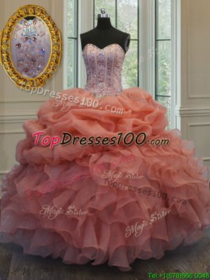 Orange Red Ball Gowns Sweetheart Sleeveless Organza Floor Length Lace Up Beading and Pick Ups Quinceanera Dress