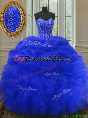 Chic Floor Length Lace Up Sweet 16 Quinceanera Dress Royal Blue and In for Military Ball and Sweet 16 and Quinceanera with Beading and Ruffles and Pick Ups