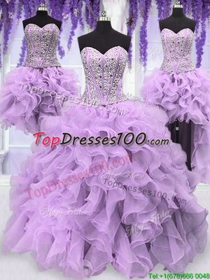 Wonderful Four Piece Lavender Organza Lace Up Sweetheart Sleeveless Floor Length 15th Birthday Dress Ruffles and Sequins