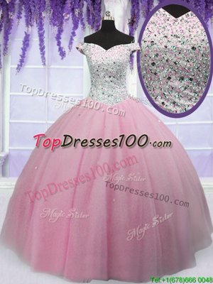 Sweet Off the Shoulder Baby Pink Short Sleeves Floor Length Beading Lace Up 15 Quinceanera Dress