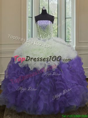 Cheap White And Purple Strapless Lace Up Beading and Ruffles 15th Birthday Dress Sleeveless