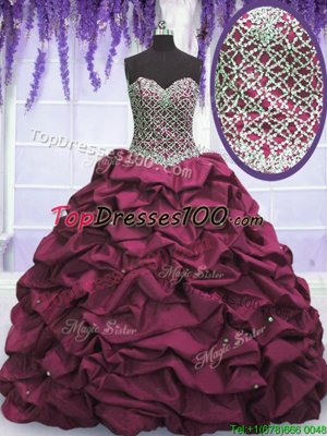 Sequins Pick Ups Floor Length Burgundy Ball Gown Prom Dress Sweetheart Sleeveless Lace Up