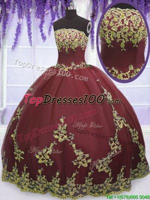 Dramatic Sleeveless Tulle Floor Length Zipper Sweet 16 Dress in Burgundy for with Appliques