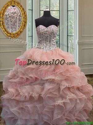 Three Piece Floor Length Lace Up Quinceanera Dresses Rose Pink and In for Military Ball and Sweet 16 and Quinceanera with Beading