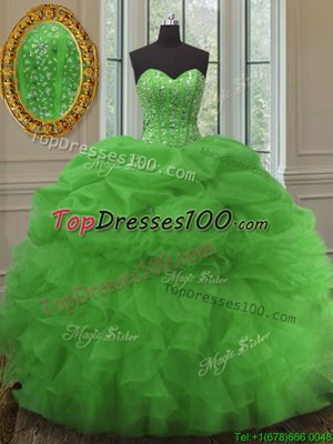Classical Four Piece Sweetheart Sleeveless Quinceanera Gown Floor Length Beading and Ruffles Apple Green Organza