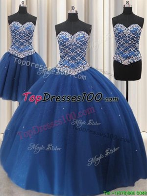Custom Made Three Piece Blue Ball Gowns Beading and Sequins Sweet 16 Dresses Lace Up Tulle Sleeveless Floor Length