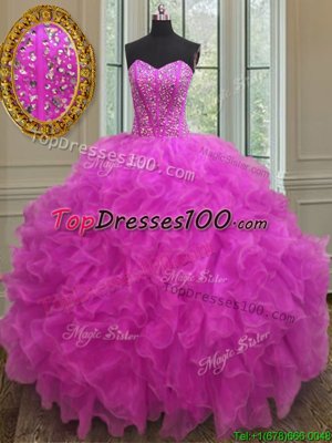 Flirting Sleeveless Organza Floor Length Lace Up Quinceanera Gowns in Fuchsia for with Beading and Ruffles