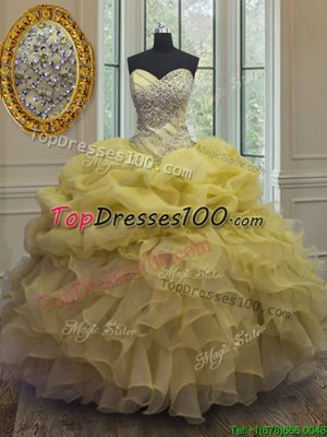 Floor Length Lace Up Ball Gown Prom Dress Yellow and In for Military Ball and Sweet 16 and Quinceanera with Beading and Ruffles and Pick Ups