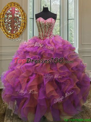 High Class Multi-color Sleeveless Beading and Appliques and Ruffles and Sashes|ribbons and Hand Made Flower Floor Length 15 Quinceanera Dress
