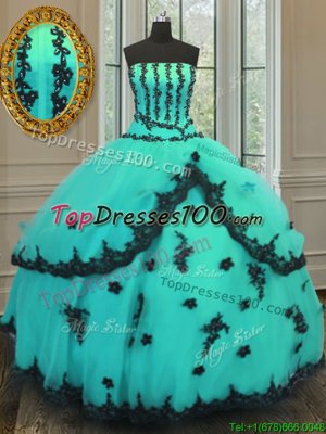 Captivating Turquoise Ball Gowns Appliques Quinceanera Gown Lace Up Tulle Sleeveless Floor Length