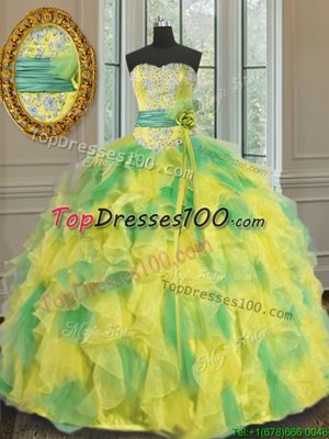 Halter Top Sleeveless Floor Length Beading and Appliques and Ruffles and Sashes|ribbons and Hand Made Flower Lace Up Sweet 16 Dresses with Multi-color
