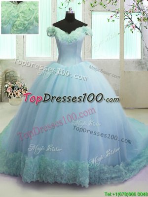 Exceptional Off The Shoulder Sleeveless Quince Ball Gowns With Train Court Train Hand Made Flower Light Blue Organza