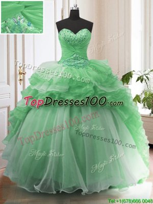 Custom Designed Green Organza Lace Up Sweetheart Sleeveless Ball Gown Prom Dress Sweep Train Beading and Ruffled Layers