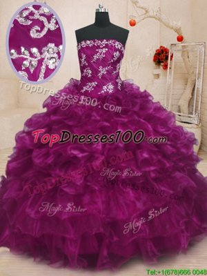 Luxurious Fuchsia Lace Up Strapless Beading and Appliques and Ruffles Quinceanera Dresses Organza Sleeveless