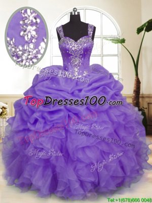 Straps Sleeveless Sweet 16 Quinceanera Dress Floor Length Beading and Ruffles and Pick Ups Lavender Organza