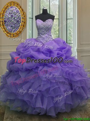 Lavender Organza Lace Up Sweetheart Sleeveless Floor Length Vestidos de Quinceanera Beading and Ruffles and Pick Ups